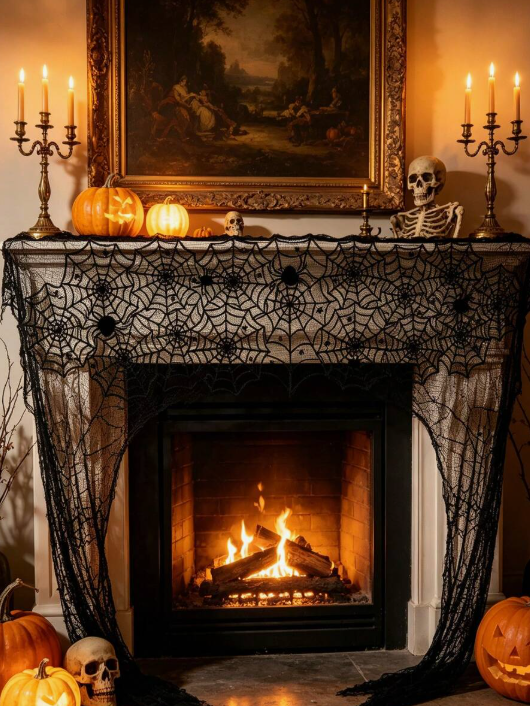 1pc Halloween Black Lace Fireplace Mantel Scarf Cover, Spider Web Fireplace Cover, Halloween Fireplace Frame Decoration, Halloween Decoration, Bedside Table Decoration