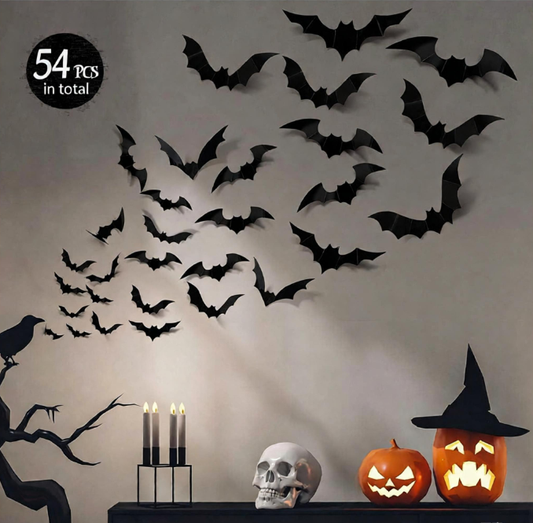 54pcs Halloween Hanging Bat Decorations, Hanging Black Bat Silhouettes With Colorful Eyes, Scary Hanging Bats, 3D Realistic Large Black Hanging Flying Bats