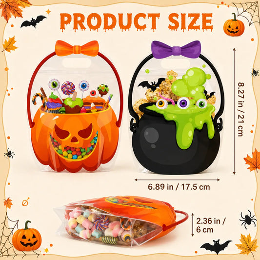 100 Pack Halloween Treat Bags with Handles, Pumpkin and Witch Cauldron Goodie Bags for Kids, Clear Plastic Trick or Treat Candy Bags for Classroom, School Events, Neighbors, Halloween Parties and Party Favors