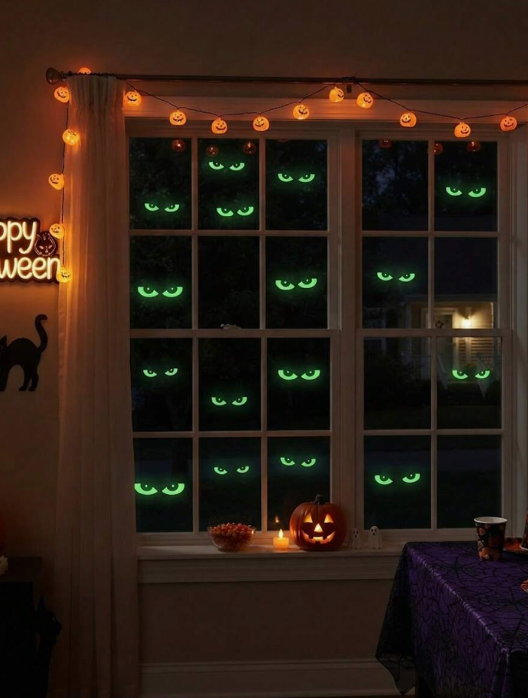 64pcs Glow-In-The-Dark Halloween Window Sticker Set, Luminous Window Decals, Glowing Halloween Night Party Stickers, Removable Fluorescent Halloween Stair Wall Stickers, Reusable Window Decals