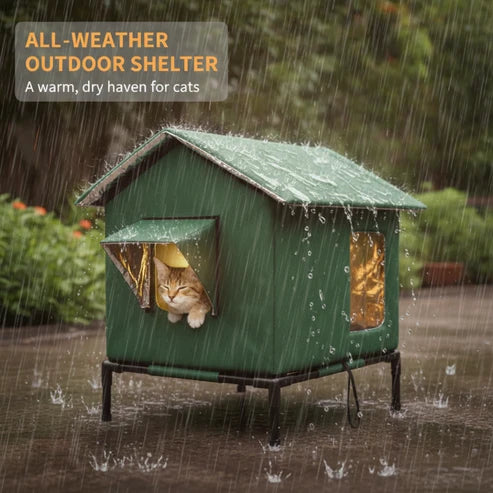 ⏰ LIMITED TIME 50% OFF! 🐈 All-Weather Elevated Outdoor Cat House – Waterproof Oxford Cloth, Thermal Aluminum Lining & Foldable Design