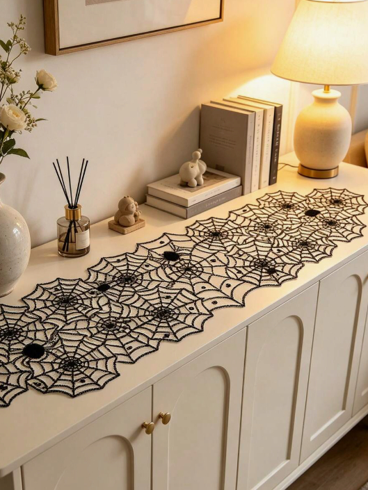 1pc Halloween Black Lace Fireplace Mantel Scarf Cover, Spider Web Fireplace Cover, Halloween Fireplace Frame Decoration, Halloween Decoration, Bedside Table Decoration