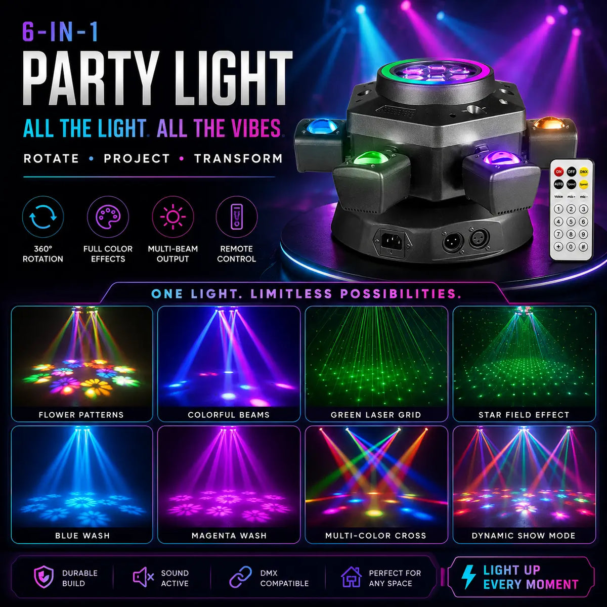 XDV 6-Eye 6-Arm 15OW RGBW MovingHead Party Light - Sound-Active DJ Light withRed, Green Laser, White, Gold Strobe, RemoteControl for Home Parties, Birthdays,Holidays, Halloween Day,sohochic