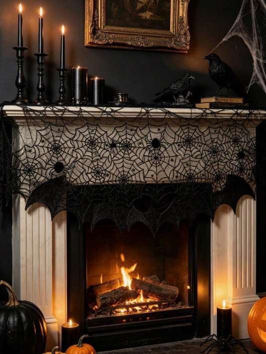 1pc Halloween Black Lace Fireplace Mantel Scarf Cover, Spider Web Fireplace Cover, Halloween Fireplace Frame Decoration, Halloween Decoration, Bedside Table Decoration