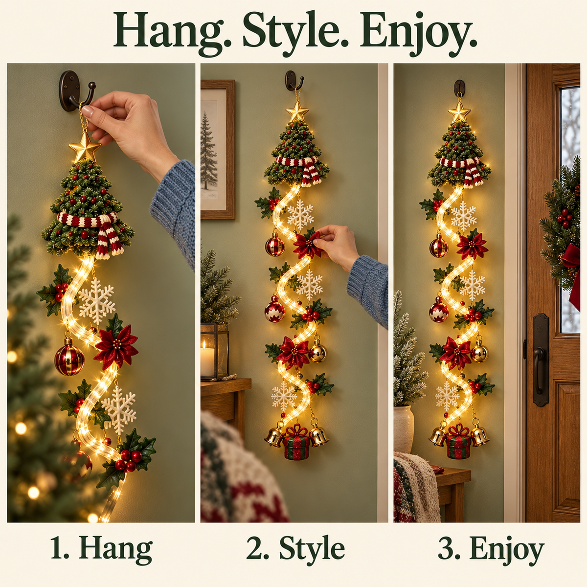 Glowing Christmas Door Hanger | 6 Festive Lighted Designs with Warm Glow, Dimensional Details & Space-Saving Vertical Décor