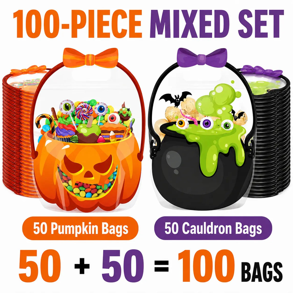 100 Pack Halloween Treat Bags with Handles, Pumpkin and Witch Cauldron Goodie Bags for Kids, Clear Plastic Trick or Treat Candy Bags for Classroom, School Events, Neighbors, Halloween Parties and Party Favors