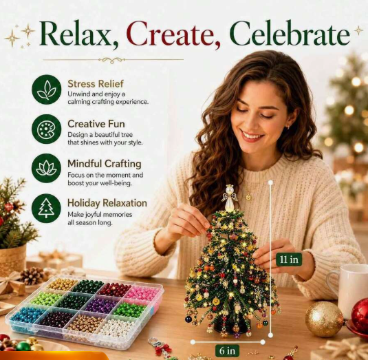 DIY Beaded Christmas Tree Kit, Hand‑Made Mini Crystal Bead Xmas Tree Craft Set, Complete Christmas Decoration Making Supplies with Beads, Angel Tree Topper, Base & Accessories, Tabletop Holiday Ornament, Fun DIY Project, Ideal Christmas Gift for Kids & Fa