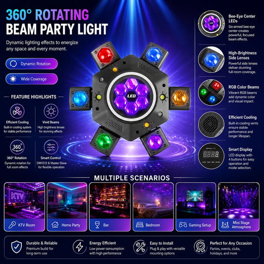 XDV 6-Eye 6-Arm 15OW RGBW MovingHead Party Light - Sound-Active DJ Light withRed, Green Laser, White, Gold Strobe, RemoteControl for Home Parties, Birthdays,Holidays, Halloween Day,sohochic