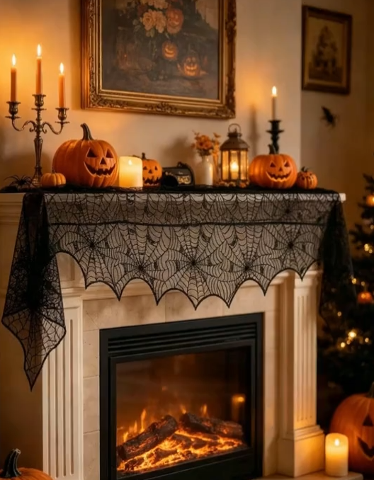 1pc Halloween Black Lace Fireplace Mantel Scarf Cover, Spider Web Fireplace Cover, Halloween Fireplace Frame Decoration, Halloween Decoration, Bedside Table Decoration
