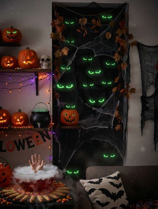 64pcs Glow-In-The-Dark Halloween Window Sticker Set, Luminous Window Decals, Glowing Halloween Night Party Stickers, Removable Fluorescent Halloween Stair Wall Stickers, Reusable Window Decals