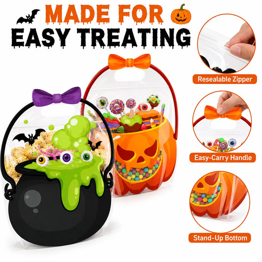 100 Pack Halloween Treat Bags with Handles, Pumpkin and Witch Cauldron Goodie Bags for Kids, Clear Plastic Trick or Treat Candy Bags for Classroom, School Events, Neighbors, Halloween Parties and Party Favors