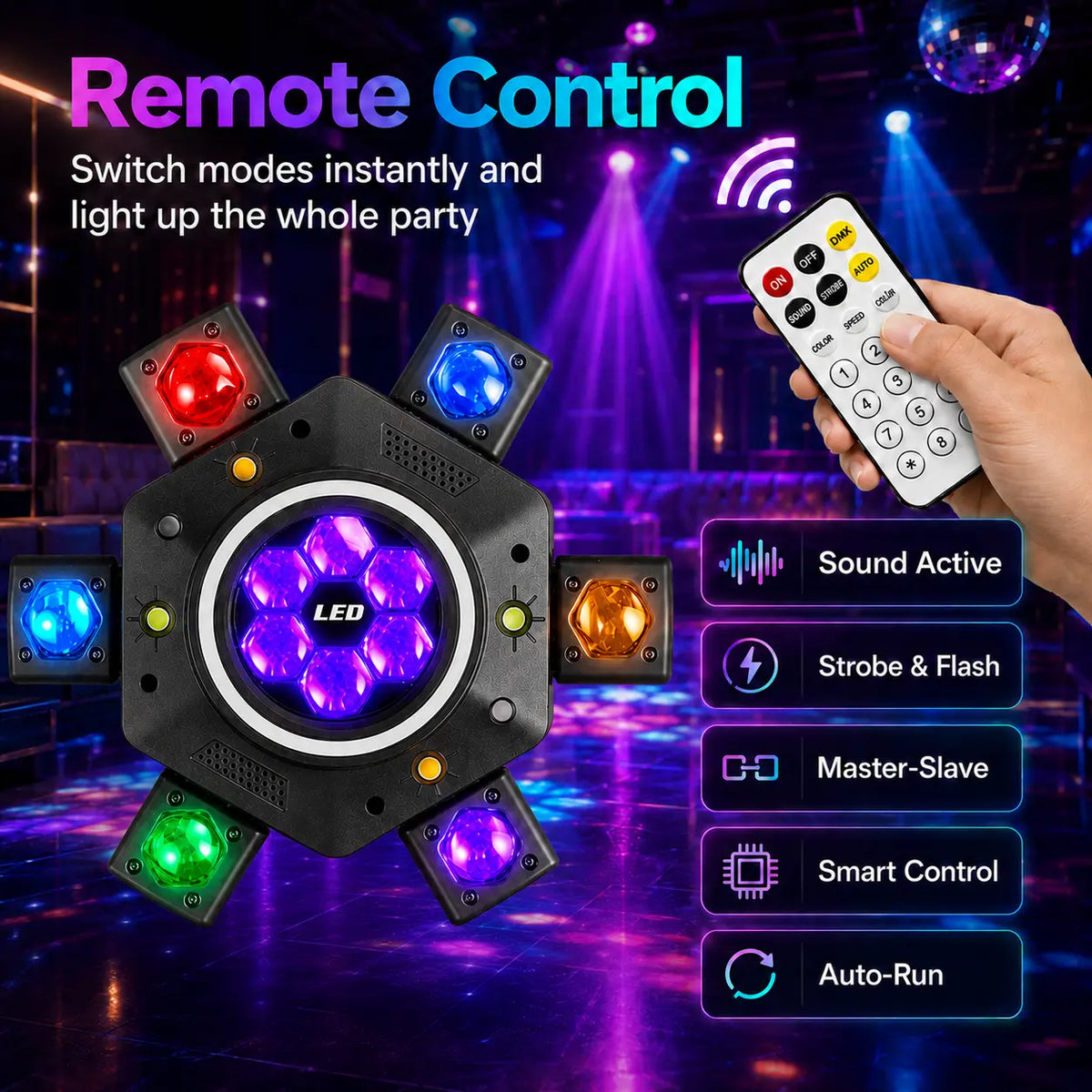 XDV 6-Eye 6-Arm 15OW RGBW MovingHead Party Light - Sound-Active DJ Light withRed, Green Laser, White, Gold Strobe, RemoteControl for Home Parties, Birthdays,Holidays, Halloween Day,sohochic