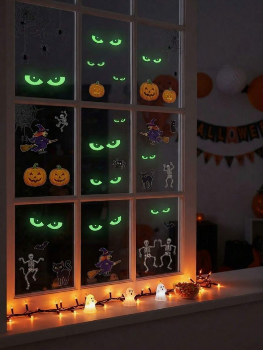 64pcs Glow-In-The-Dark Halloween Window Sticker Set, Luminous Window Decals, Glowing Halloween Night Party Stickers, Removable Fluorescent Halloween Stair Wall Stickers, Reusable Window Decals