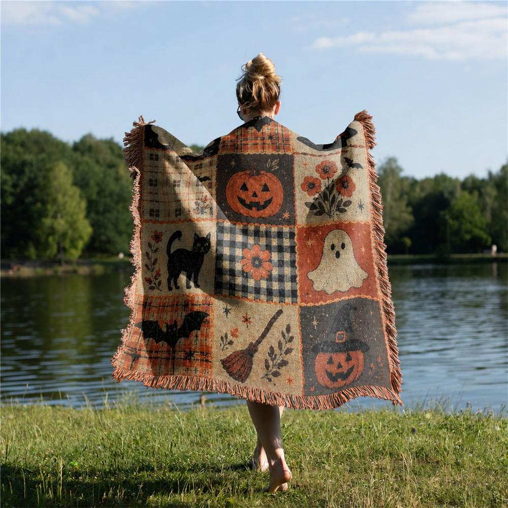 Halloween Patchwork Style Woven Blanket with Tassel Bed Blanket, Multi-Function Also for Sofa Cover Couch Throw Blanket Armchair Home Decor Room Wall Art Tapestry Furniture Slipcover Tablecloth Shawl Outdoor Picnic Camping Beach Towel Office Nap Hippie