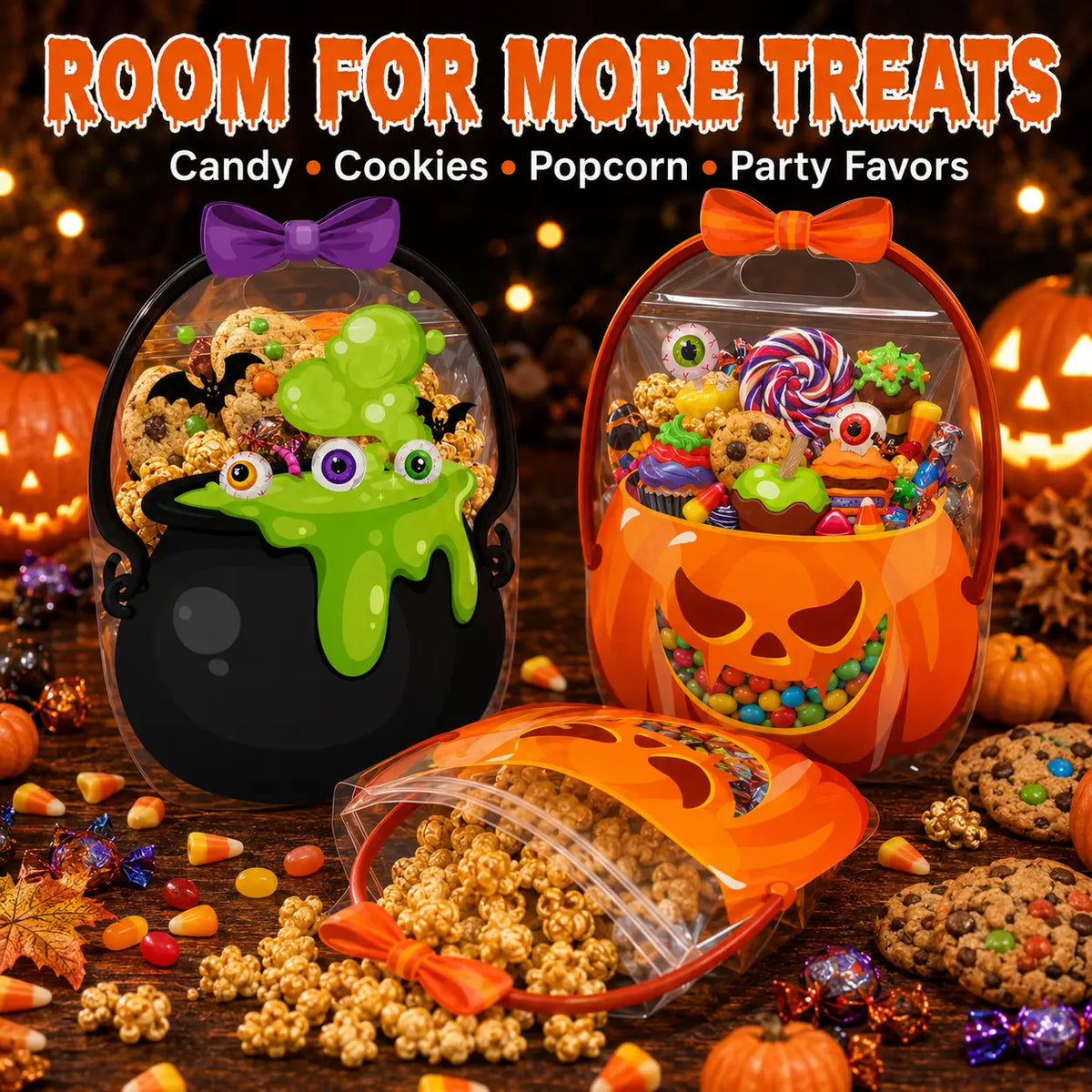 100 Pack Halloween Treat Bags with Handles, Pumpkin and Witch Cauldron Goodie Bags for Kids, Clear Plastic Trick or Treat Candy Bags for Classroom, School Events, Neighbors, Halloween Parties and Party Favors