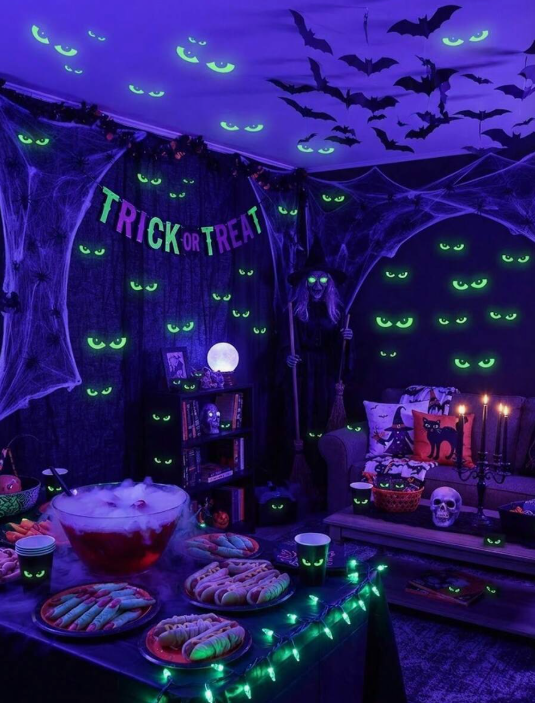 64pcs Glow-In-The-Dark Halloween Window Sticker Set, Luminous Window Decals, Glowing Halloween Night Party Stickers, Removable Fluorescent Halloween Stair Wall Stickers, Reusable Window Decals