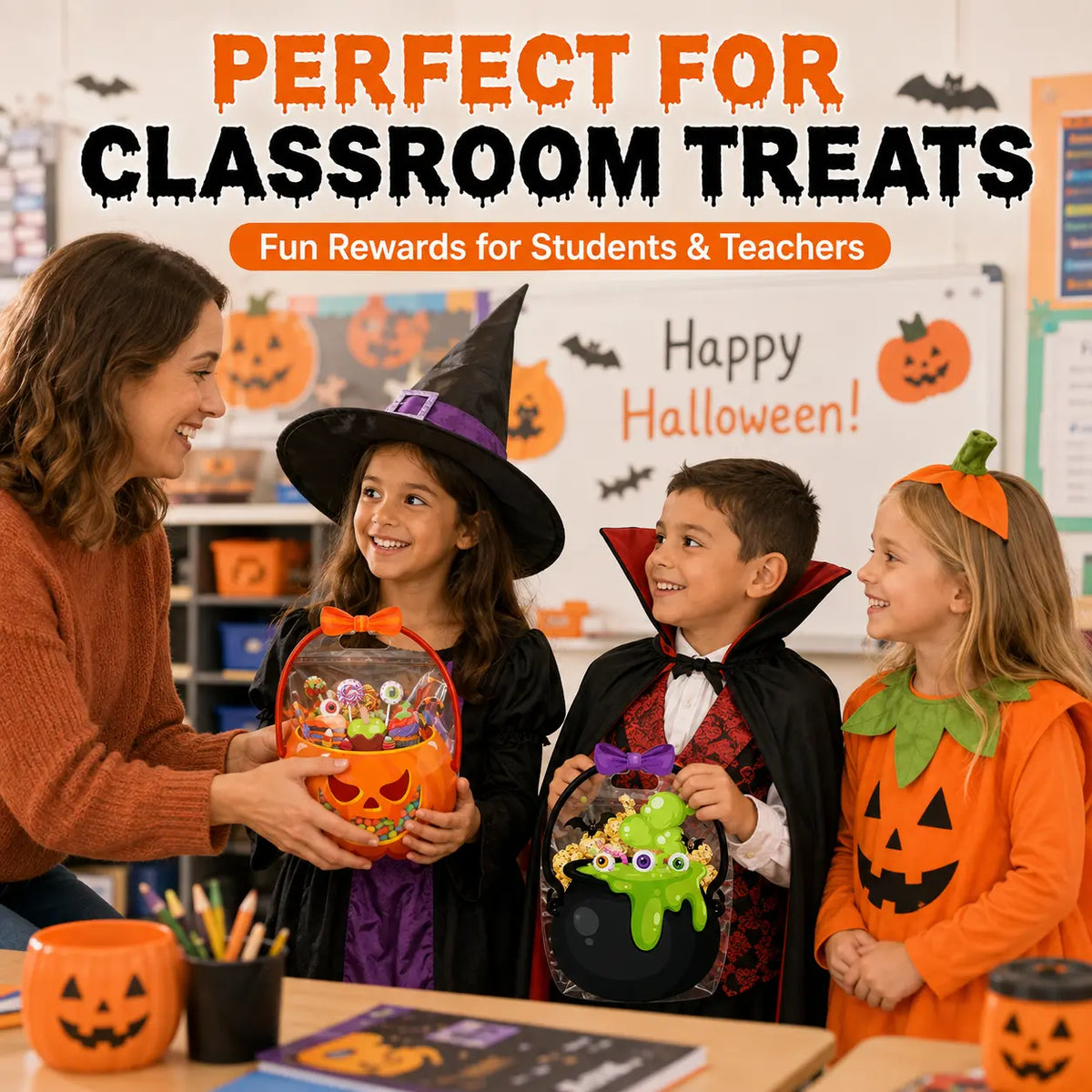 100 Pack Halloween Treat Bags with Handles, Pumpkin and Witch Cauldron Goodie Bags for Kids, Clear Plastic Trick or Treat Candy Bags for Classroom, School Events, Neighbors, Halloween Parties and Party Favors