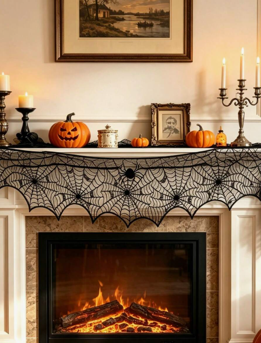 1pc Halloween Black Lace Fireplace Mantel Scarf Cover, Spider Web Fireplace Cover, Halloween Fireplace Frame Decoration, Halloween Decoration, Bedside Table Decoration