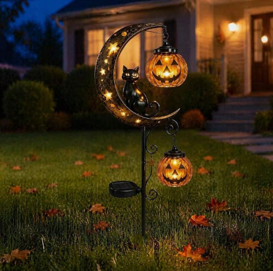 Halloween Decor,Fall Decor,Solar Halloween Black Cat & Pumpkin Moon Garden Stake Light