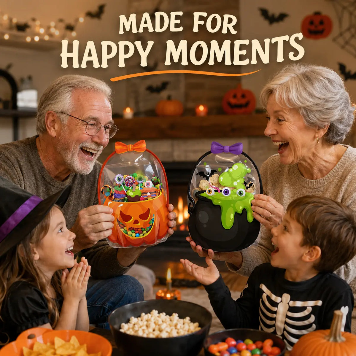 100 Pack Halloween Treat Bags with Handles, Pumpkin and Witch Cauldron Goodie Bags for Kids, Clear Plastic Trick or Treat Candy Bags for Classroom, School Events, Neighbors, Halloween Parties and Party Favors