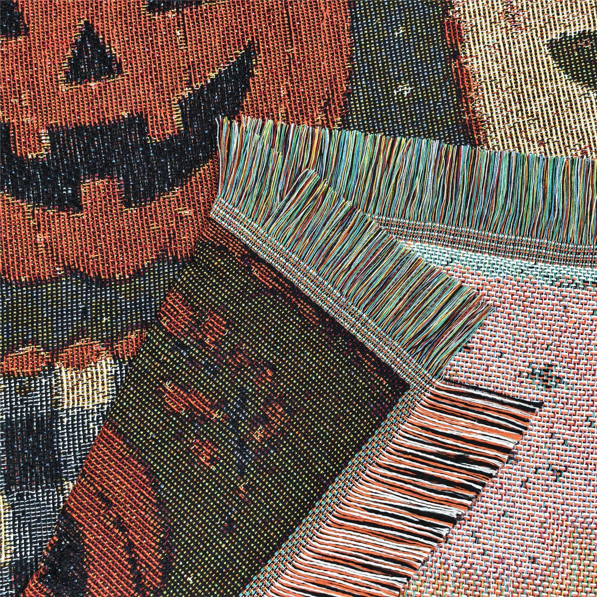 Halloween Patchwork Style Woven Blanket with Tassel Bed Blanket, Multi-Function Also for Sofa Cover Couch Throw Blanket Armchair Home Decor Room Wall Art Tapestry Furniture Slipcover Tablecloth Shawl Outdoor Picnic Camping Beach Towel Office Nap Hippie