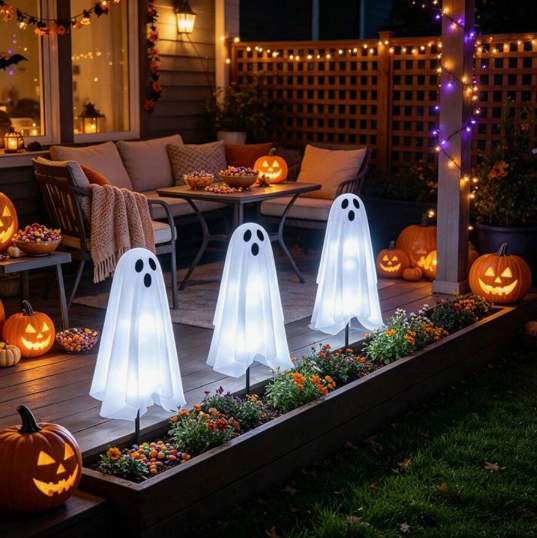 Halloween Solar Ghost Garden Lights, White LED Ghost Pathway Lights With Spooky Design, Solar Powered Outdoor Decor For Garden, Lawn, Halloween Festival Decor
