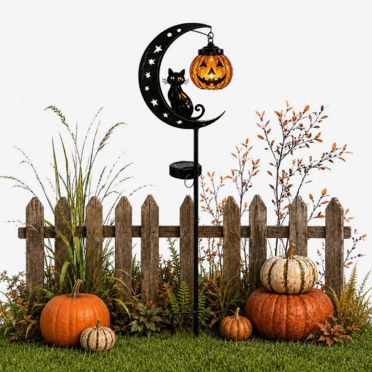 Halloween Decor,Fall Decor,Solar Halloween Black Cat & Pumpkin Moon Garden Stake Light