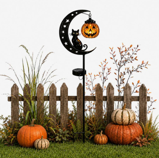 Halloween Decor,Fall Decor,Solar Halloween Black Cat & Pumpkin Moon Garden Stake Light