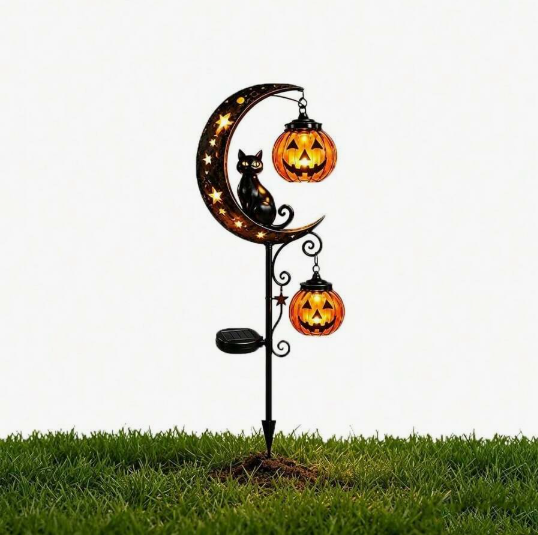Halloween Decor,Fall Decor,Solar Halloween Black Cat & Pumpkin Moon Garden Stake Light