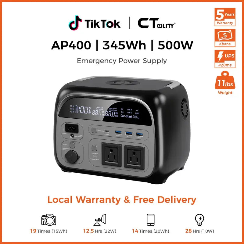 CTOLITY 500W 345Wh Camping Power Station Powerbank Emergency Supply Backup LiFePO4 Battery Portable Solar Generator Energy Travel RVs Emergencies Gas Alternative Charging Rechargeable