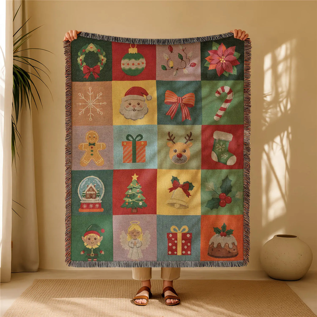 Halloween Patchwork Style Woven Blanket with Tassel Bed Blanket, Multi-Function Also for Sofa Cover Couch Throw Blanket Armchair Home Decor Room Wall Art Tapestry Furniture Slipcover Tablecloth Shawl Outdoor Picnic Camping Beach Towel Office Nap Hippie