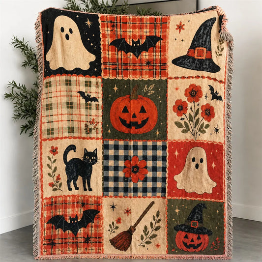 Halloween Patchwork Style Woven Blanket with Tassel Bed Blanket, Multi-Function Also for Sofa Cover Couch Throw Blanket Armchair Home Decor Room Wall Art Tapestry Furniture Slipcover Tablecloth Shawl Outdoor Picnic Camping Beach Towel Office Nap Hippie