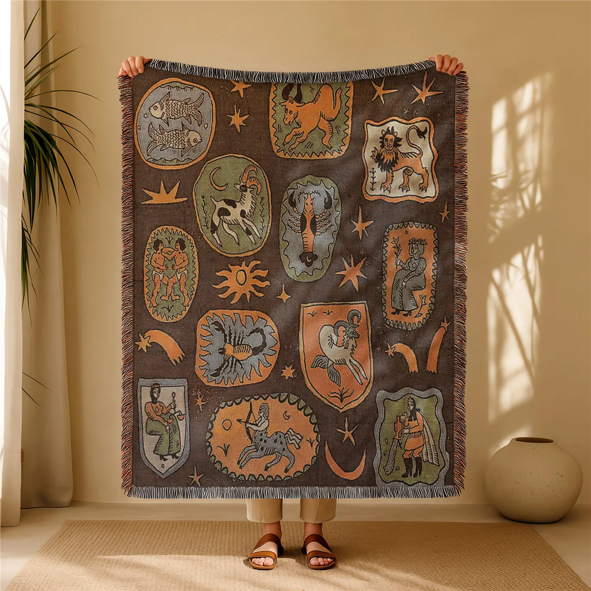 Halloween Patchwork Style Woven Blanket with Tassel Bed Blanket, Multi-Function Also for Sofa Cover Couch Throw Blanket Armchair Home Decor Room Wall Art Tapestry Furniture Slipcover Tablecloth Shawl Outdoor Picnic Camping Beach Towel Office Nap Hippie