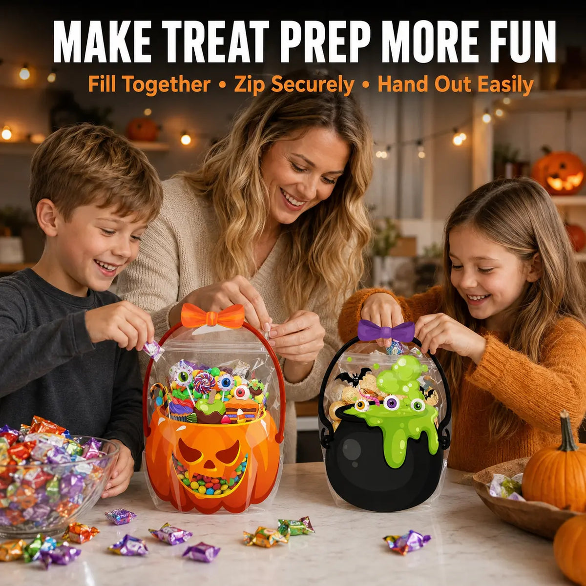 100 Pack Halloween Treat Bags with Handles, Pumpkin and Witch Cauldron Goodie Bags for Kids, Clear Plastic Trick or Treat Candy Bags for Classroom, School Events, Neighbors, Halloween Parties and Party Favors