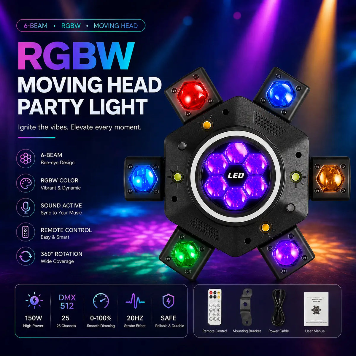 XDV 6-Eye 6-Arm 15OW RGBW MovingHead Party Light - Sound-Active DJ Light withRed, Green Laser, White, Gold Strobe, RemoteControl for Home Parties, Birthdays,Holidays, Halloween Day,sohochic