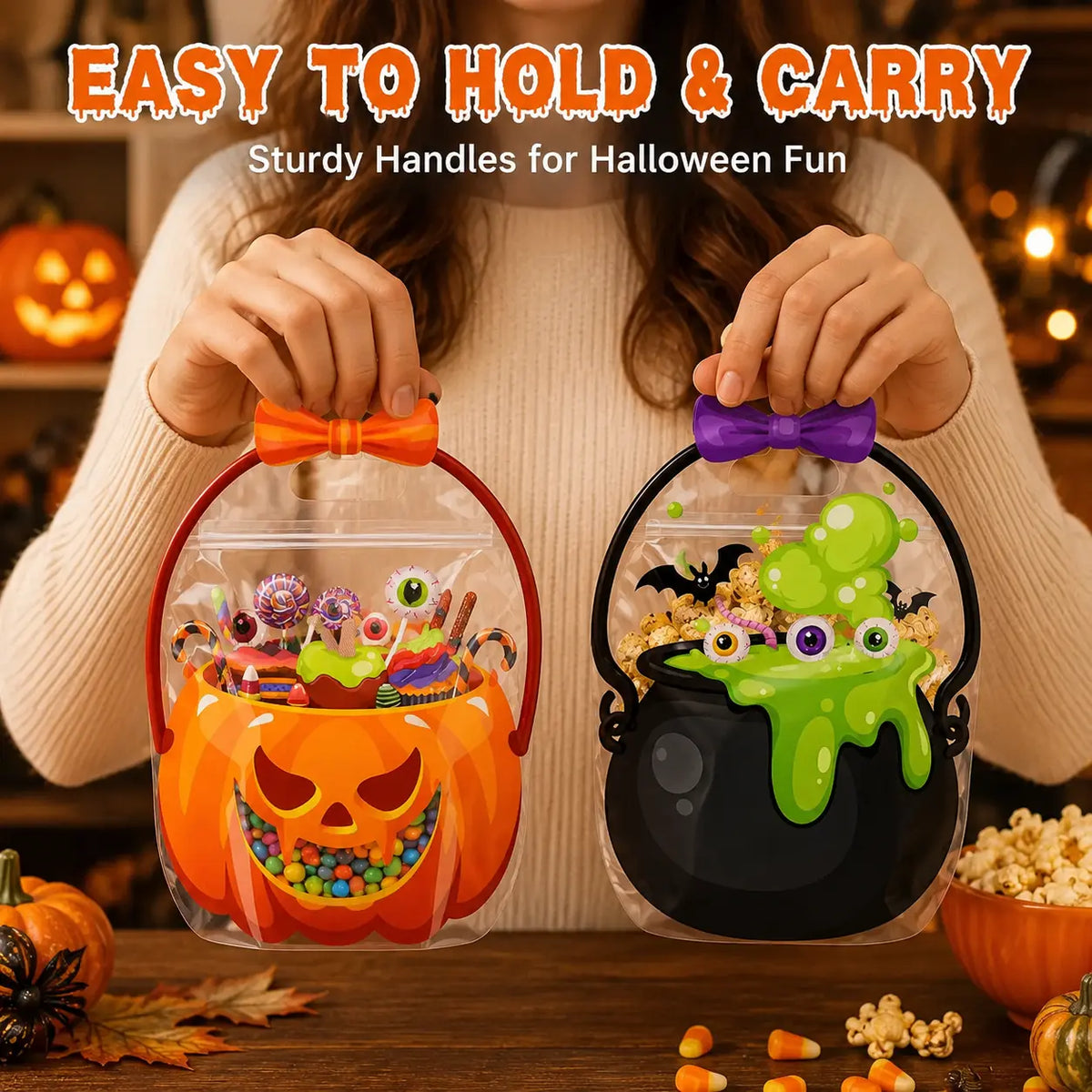 100 Pack Halloween Treat Bags with Handles, Pumpkin and Witch Cauldron Goodie Bags for Kids, Clear Plastic Trick or Treat Candy Bags for Classroom, School Events, Neighbors, Halloween Parties and Party Favors