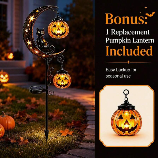 Halloween Decor,Fall Decor,Solar Halloween Black Cat & Pumpkin Moon Garden Stake Light