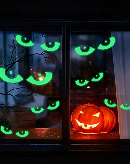64pcs Glow-In-The-Dark Halloween Window Sticker Set, Luminous Window Decals, Glowing Halloween Night Party Stickers, Removable Fluorescent Halloween Stair Wall Stickers, Reusable Window Decals