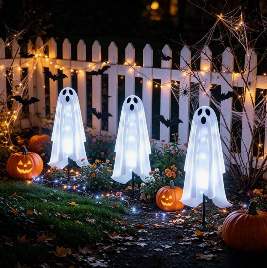 Halloween Solar Ghost Garden Lights, White LED Ghost Pathway Lights With Spooky Design, Solar Powered Outdoor Decor For Garden, Lawn, Halloween Festival Decor