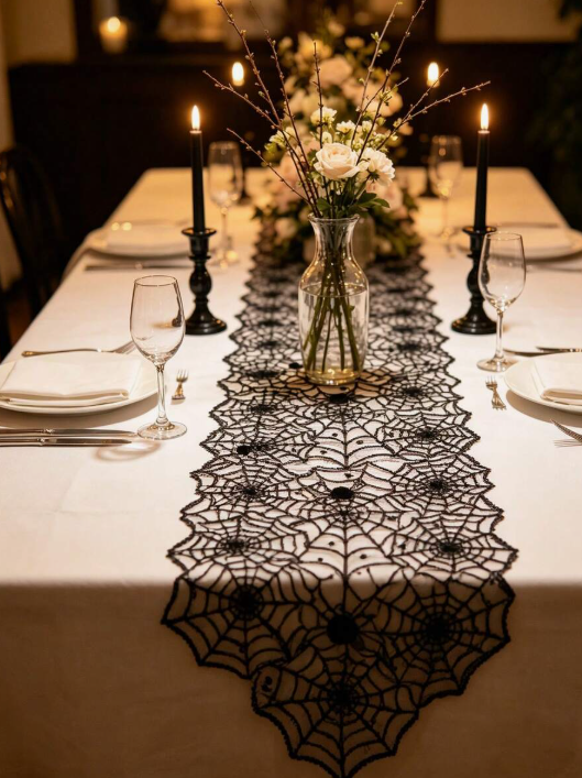 1pc Halloween Black Lace Fireplace Mantel Scarf Cover, Spider Web Fireplace Cover, Halloween Fireplace Frame Decoration, Halloween Decoration, Bedside Table Decoration
