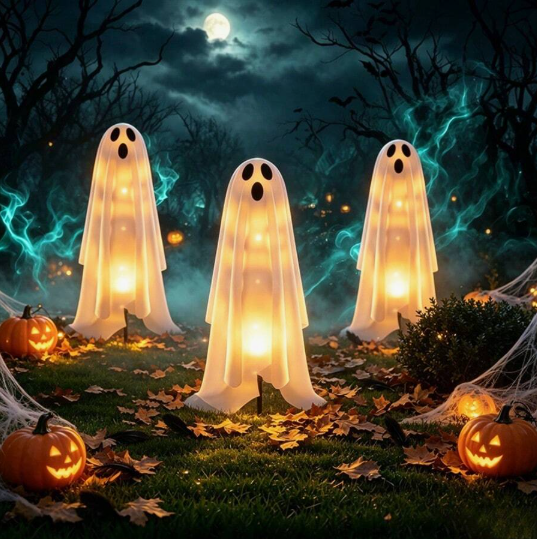 Halloween Solar Ghost Garden Lights, White LED Ghost Pathway Lights With Spooky Design, Solar Powered Outdoor Decor For Garden, Lawn, Halloween Festival Decor