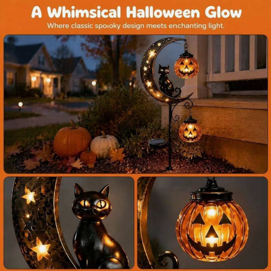 Halloween Decor,Fall Decor,Solar Halloween Black Cat & Pumpkin Moon Garden Stake Light