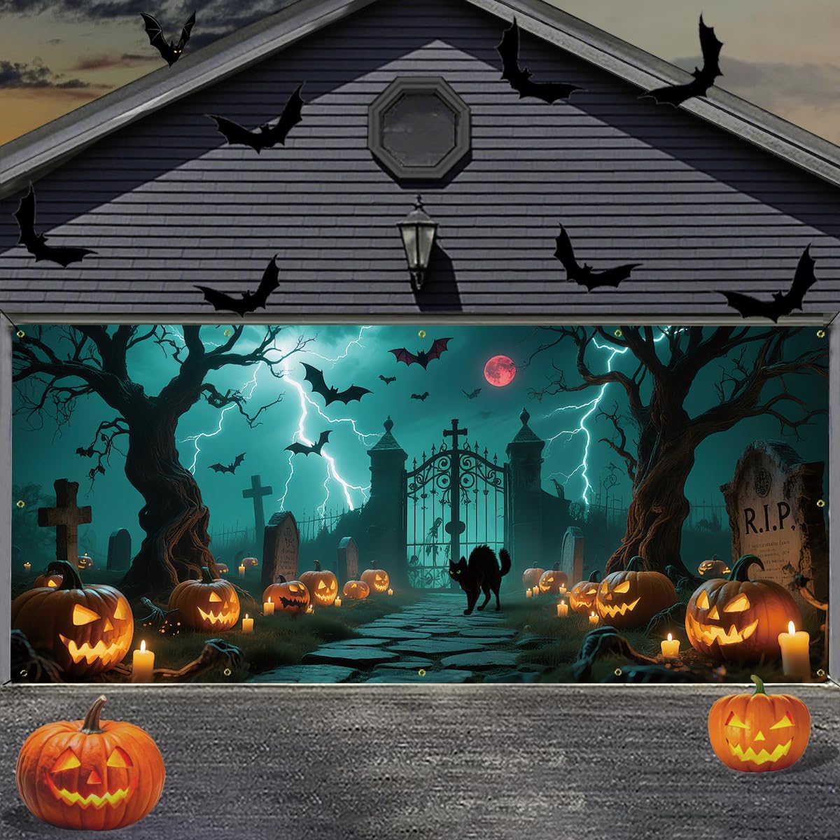 Customizable Halloween Garage Door Cover Banner, Large Outdoor Garage Backdrop, Spooky Halloween Party Photo Background, Home Wall Window Holiday Decor