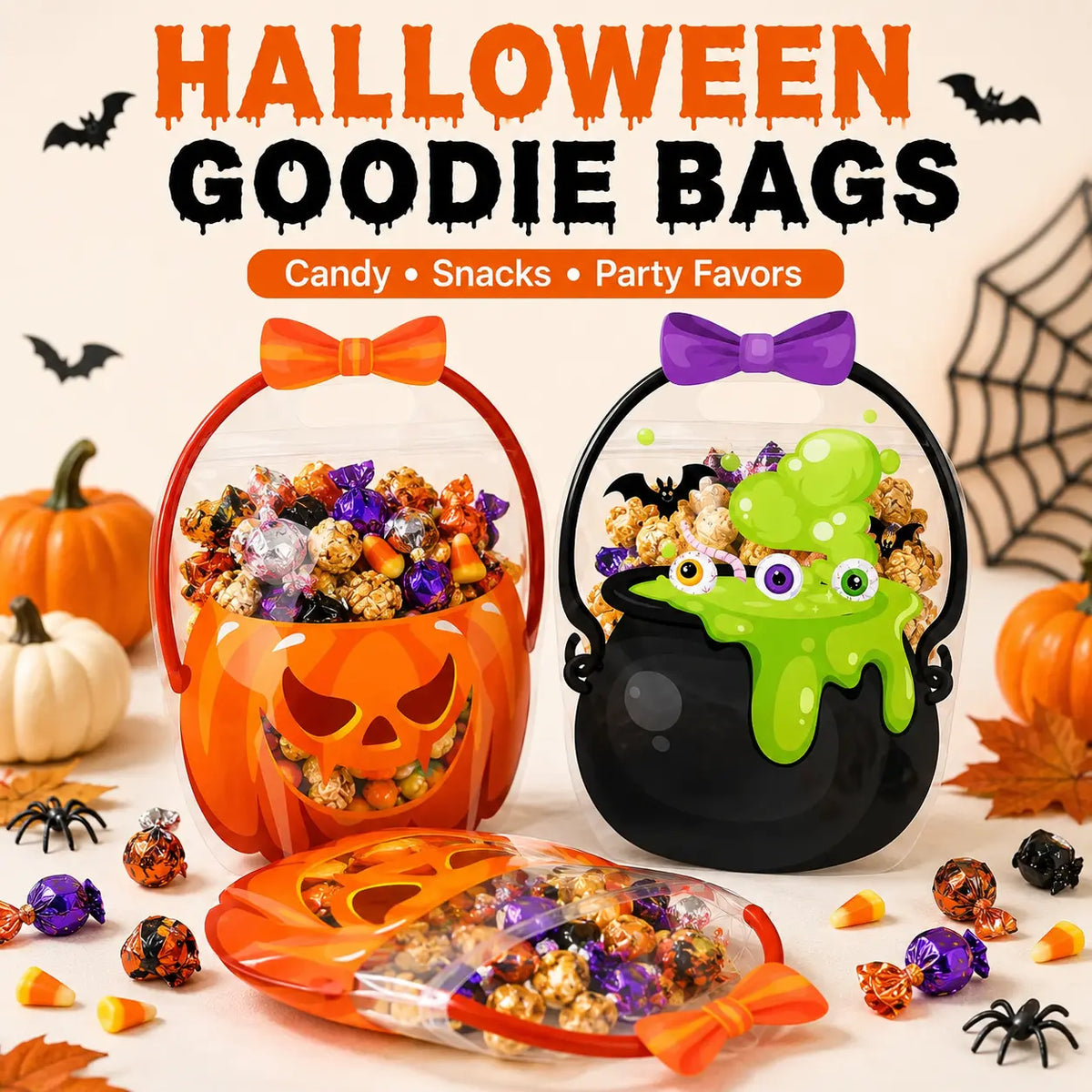 100 Pack Halloween Treat Bags with Handles, Pumpkin and Witch Cauldron Goodie Bags for Kids, Clear Plastic Trick or Treat Candy Bags for Classroom, School Events, Neighbors, Halloween Parties and Party Favors