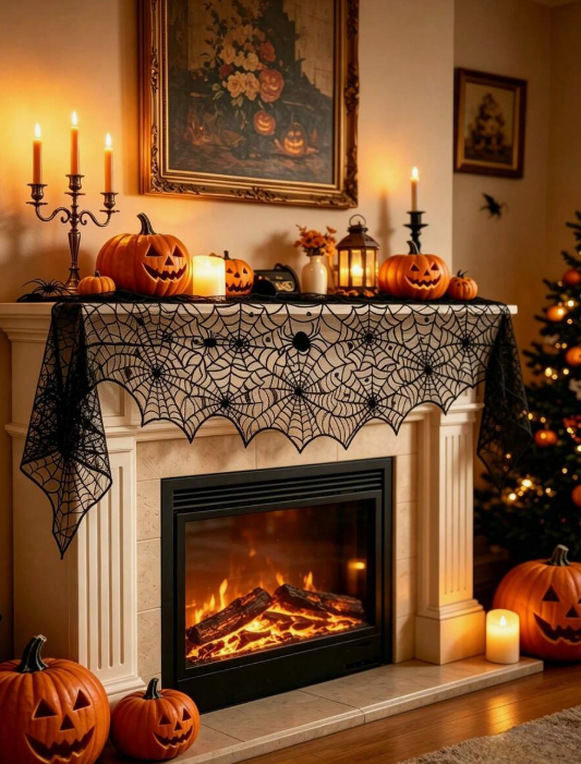 1pc Halloween Black Lace Fireplace Mantel Scarf Cover, Spider Web Fireplace Cover, Halloween Fireplace Frame Decoration, Halloween Decoration, Bedside Table Decoration