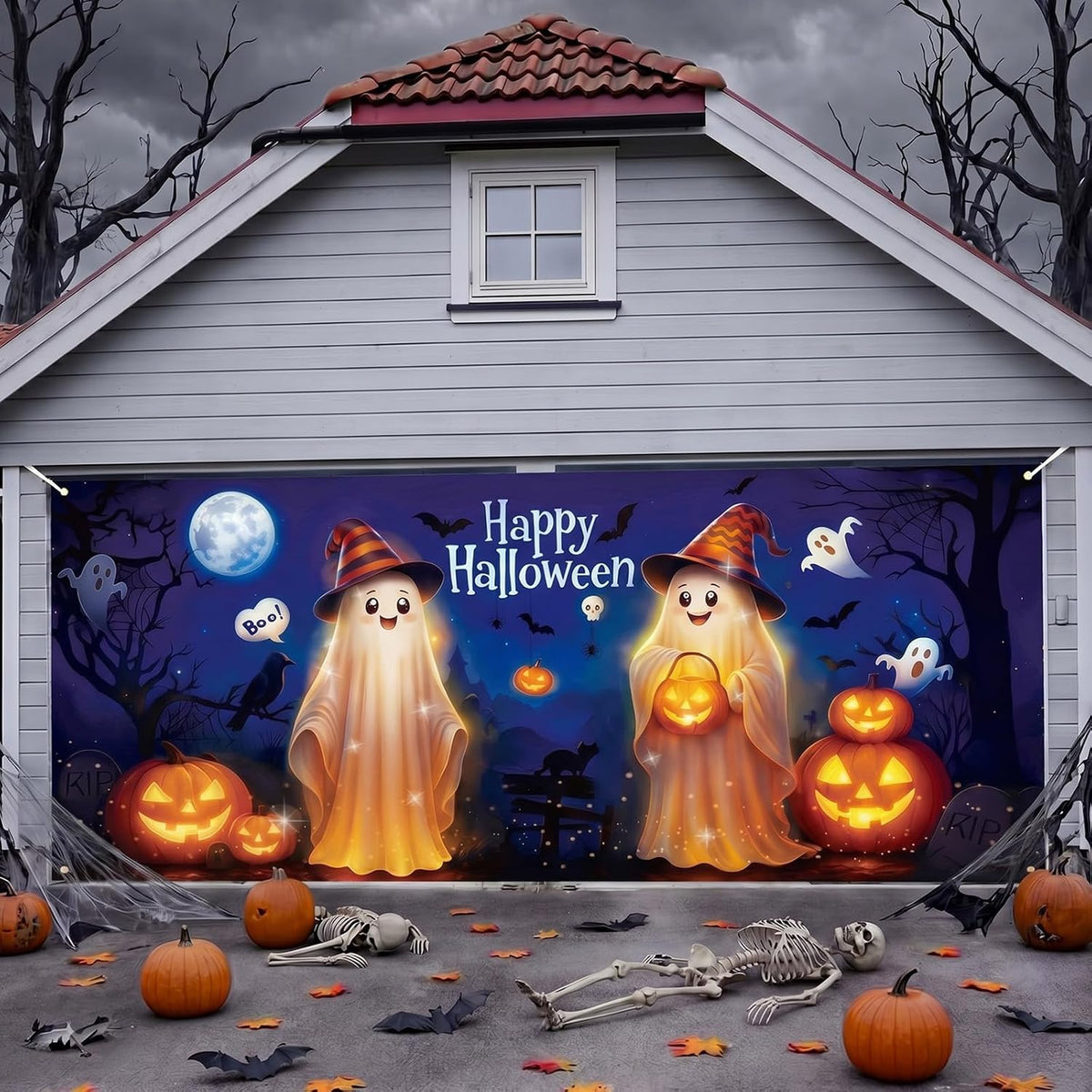 Customizable Halloween Garage Door Cover Banner, Large Outdoor Garage Backdrop, Spooky Halloween Party Photo Background, Home Wall Window Holiday Decor