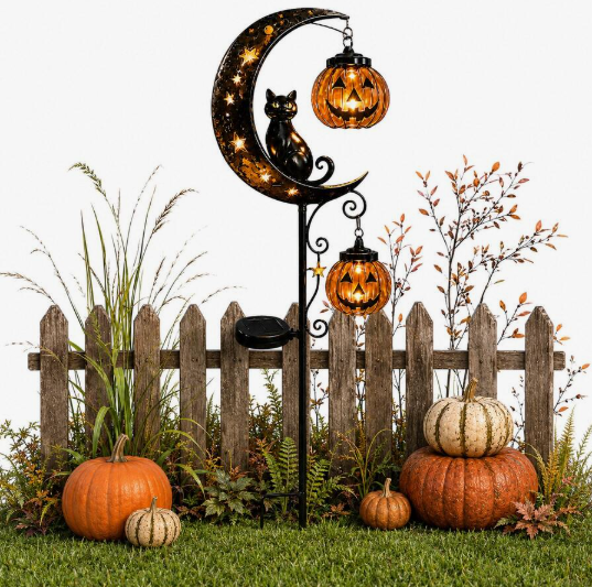 Halloween Decor,Fall Decor,Solar Halloween Black Cat & Pumpkin Moon Garden Stake Light
