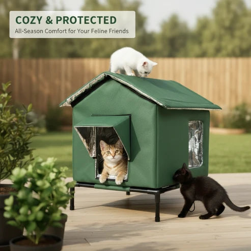 ⏰ LIMITED TIME 50% OFF! 🐈 All-Weather Elevated Outdoor Cat House – Waterproof Oxford Cloth, Thermal Aluminum Lining & Foldable Design